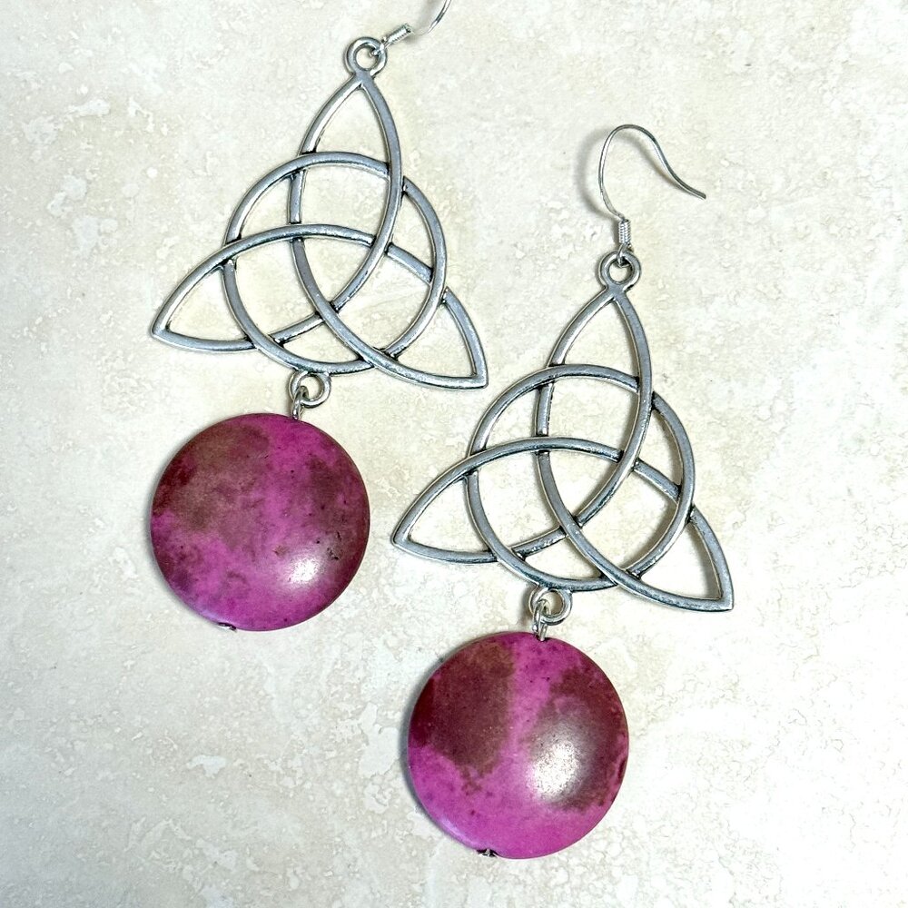 2/$20, Viva Magenta Agate Celtic Trinity Sterling Silver Dangle Earrings